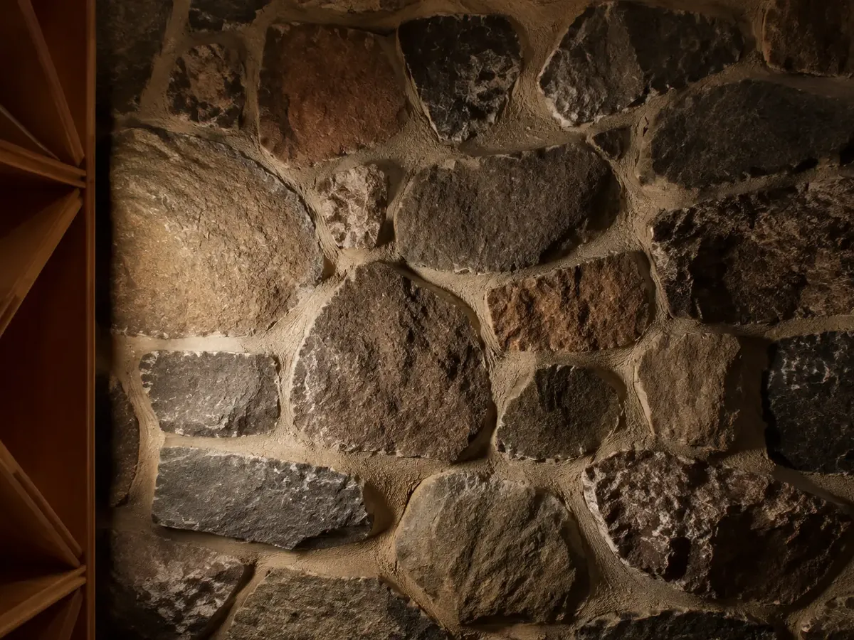 Fieldstone wall with repointed lime mortar joints