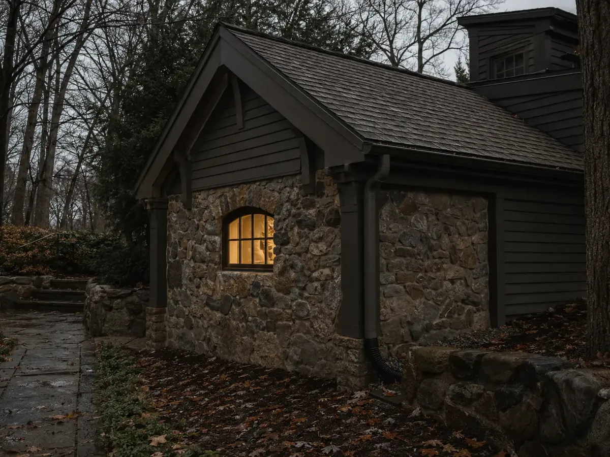 Exterior of a purpose-built cellar addition in autumn
