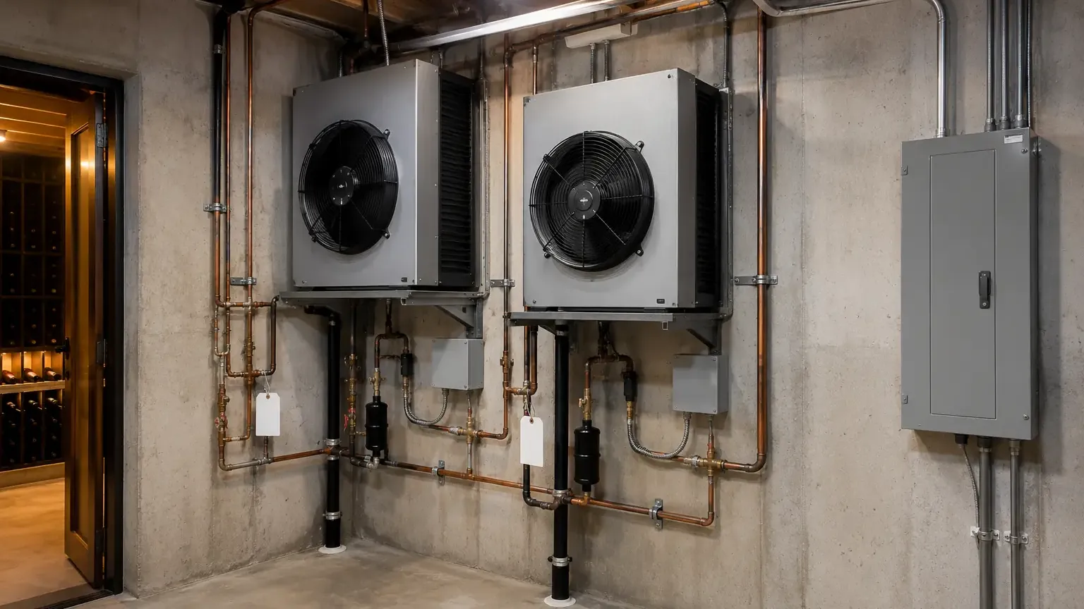 Mechanical room with redundant condensers and transfer switch