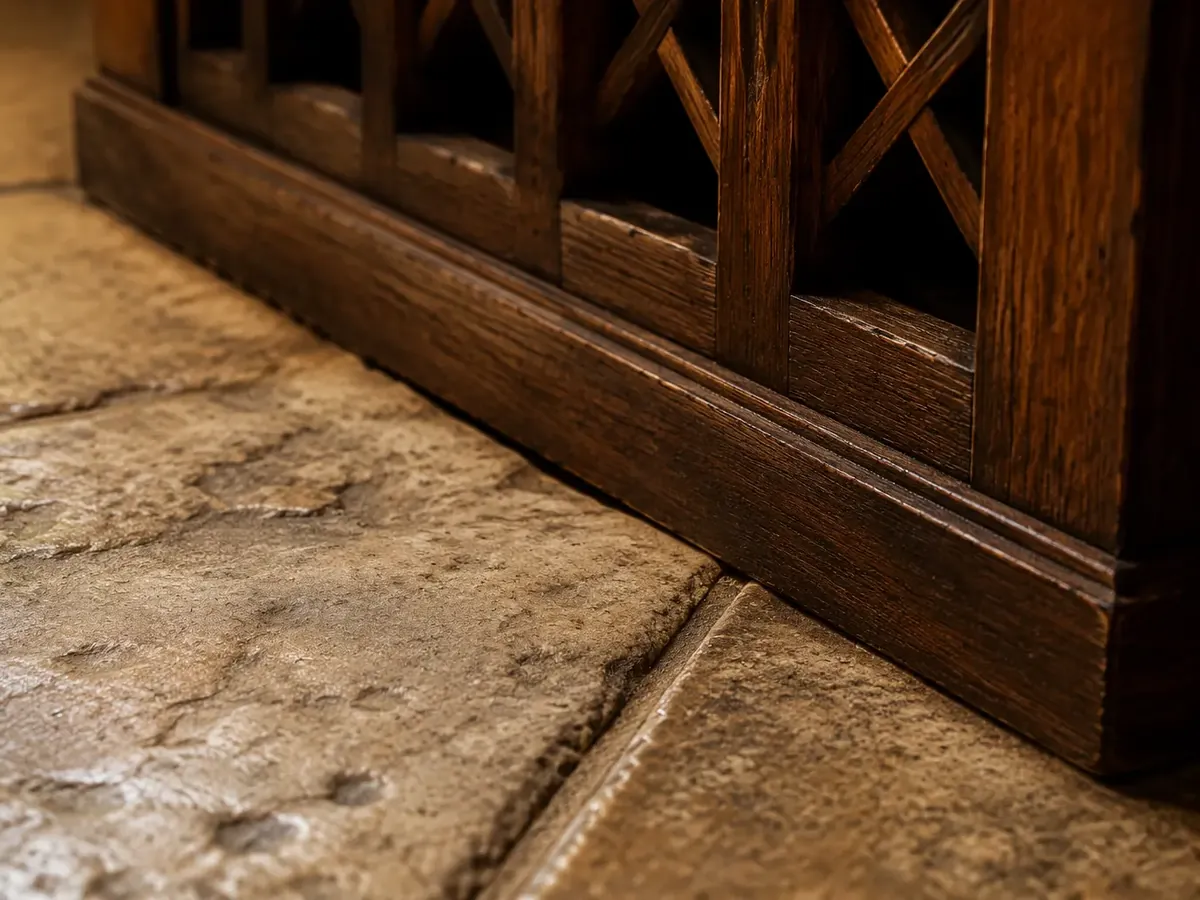 Stone tile flooring meeting a wine rack base plate